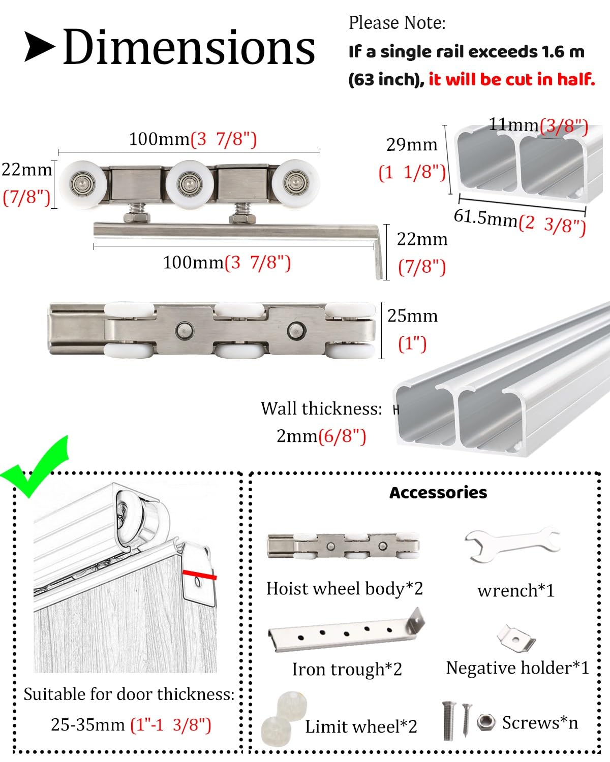 Ścieznik do Drzwi Przesuawnych Zestaw Okuć do Drzwi Przesuwnych Typu „barn Door” z Podwójną Szyną (system Mijany) Na Dwoje Drzwi, Zamienny Prowadnik(130cm/51.1inch)