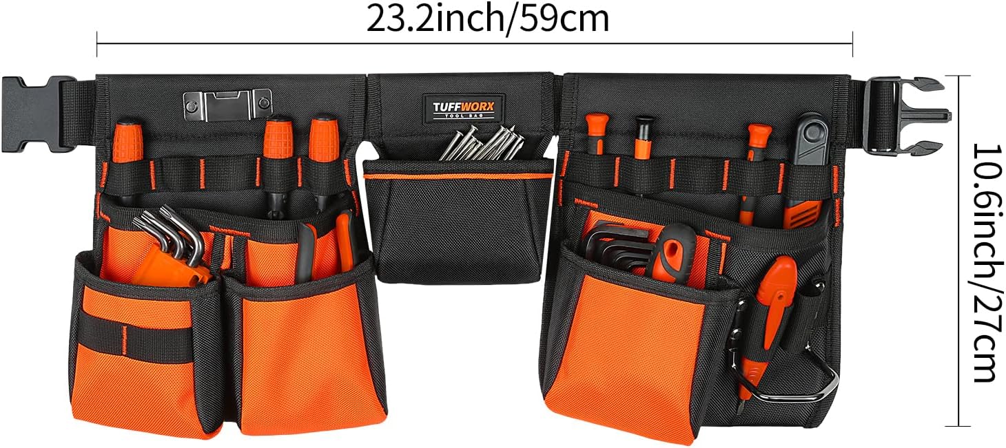 Tool Belt with Multiple Pockets, Heavy Duty Construction Pouch, Black and Orange