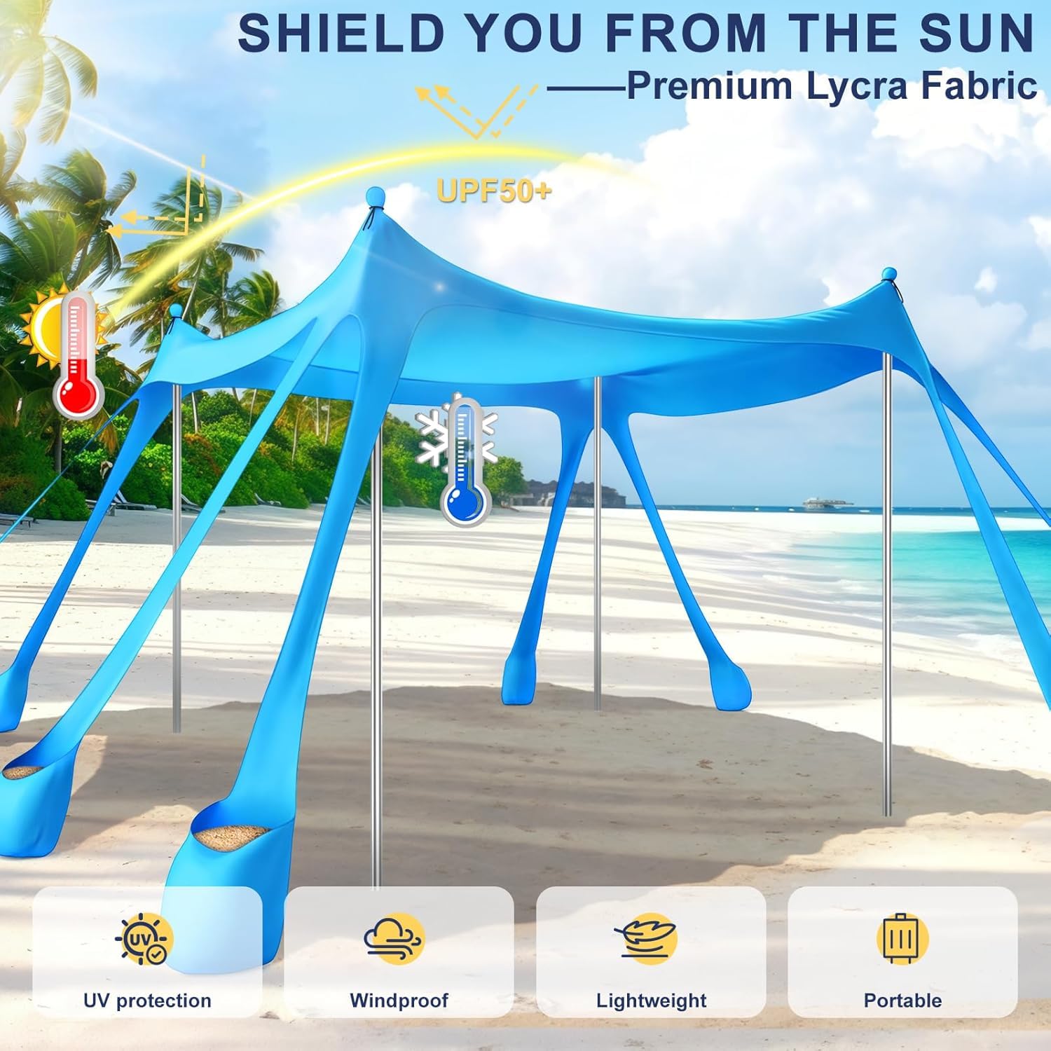 Strandzelt Sonnenschutz UPF 50+, 3 x 3 m Strand-Vordach Sonnenschirm, Pop-Up Strandvordach mit 8 Sandsäcken, Outdoor Sonnenschutz für Campingausflüge, Angeln (Himmelblau)