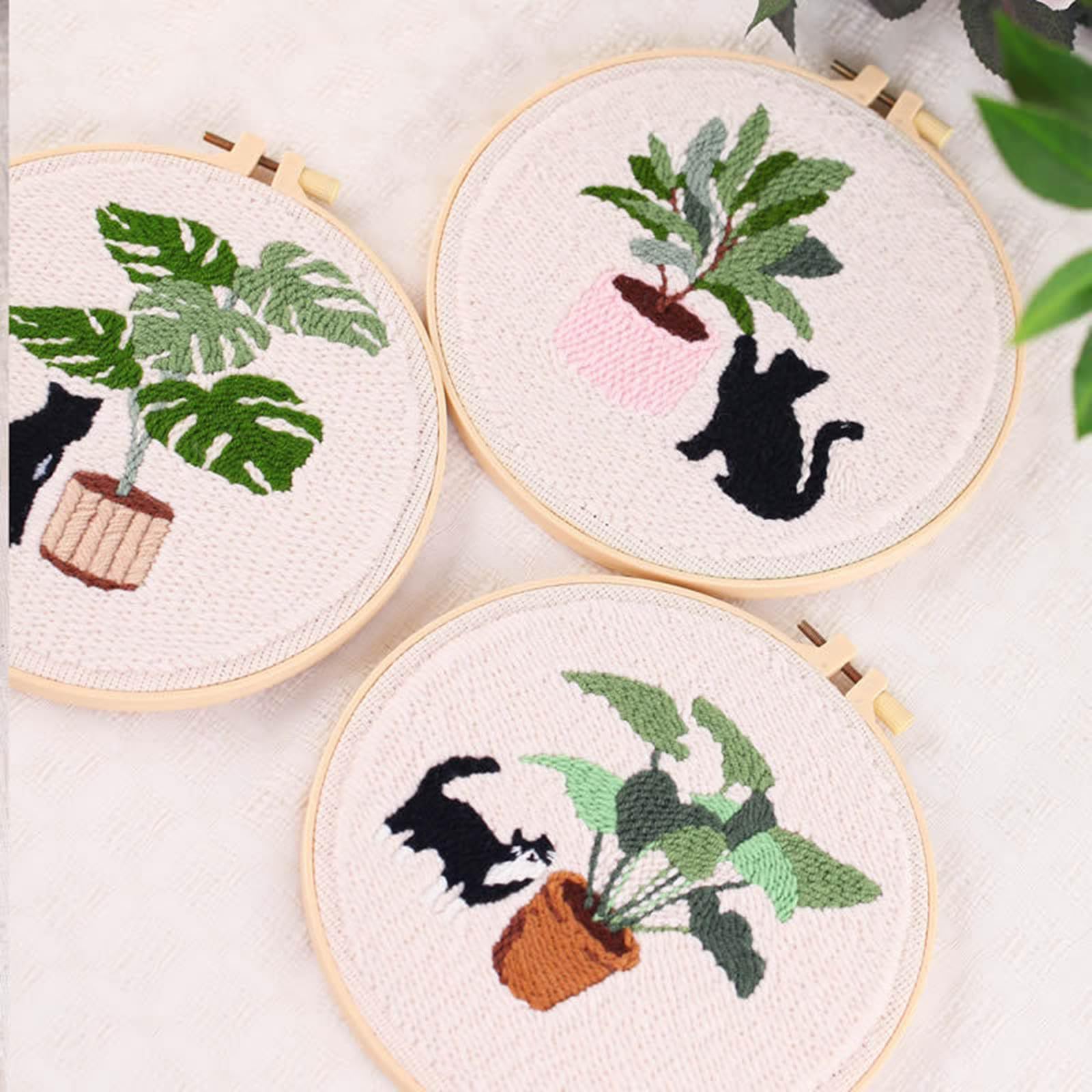 Lidzopas Punch Needle Embroidery Starter Kits With Embroidery Hoops, Punch Needle Fabric With Pattern, Cartoon Cat And Green Plant Punch Needle Kit For Craft Lovers 65218# One - Image 2