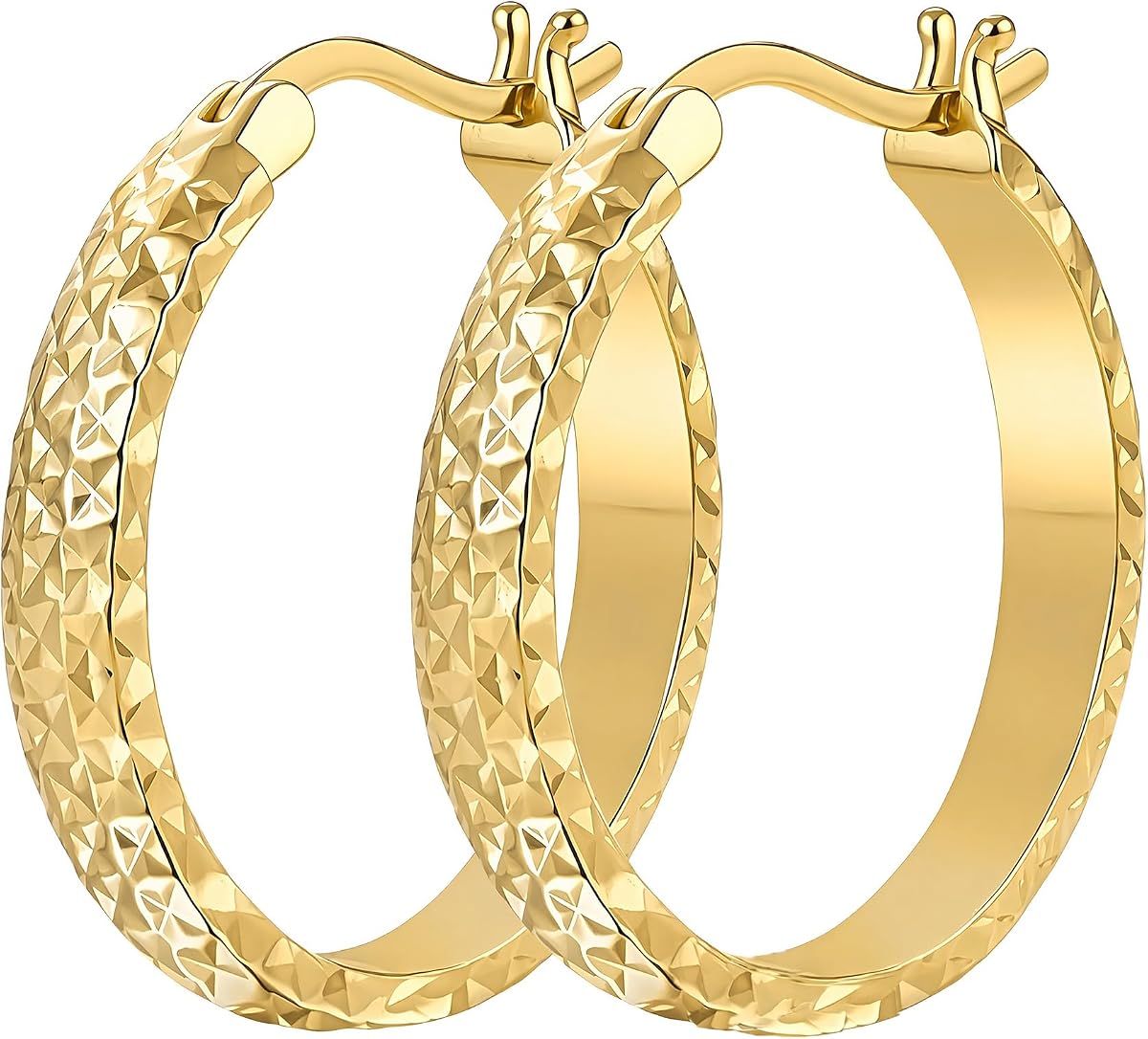 14K Gold Hammered Hoop Earrings for Women 25mm x 4mm Secure Click-Top Hoops Hypoallergenic Lightweight Textured Earrings for Sensitive Ears