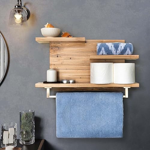 Miniatura 2 de Straga Estantes rústicos de baño montados en la pared, estante de madera dura de 23 pulgadas con toallero de 18 pulgadas, organizador de baño