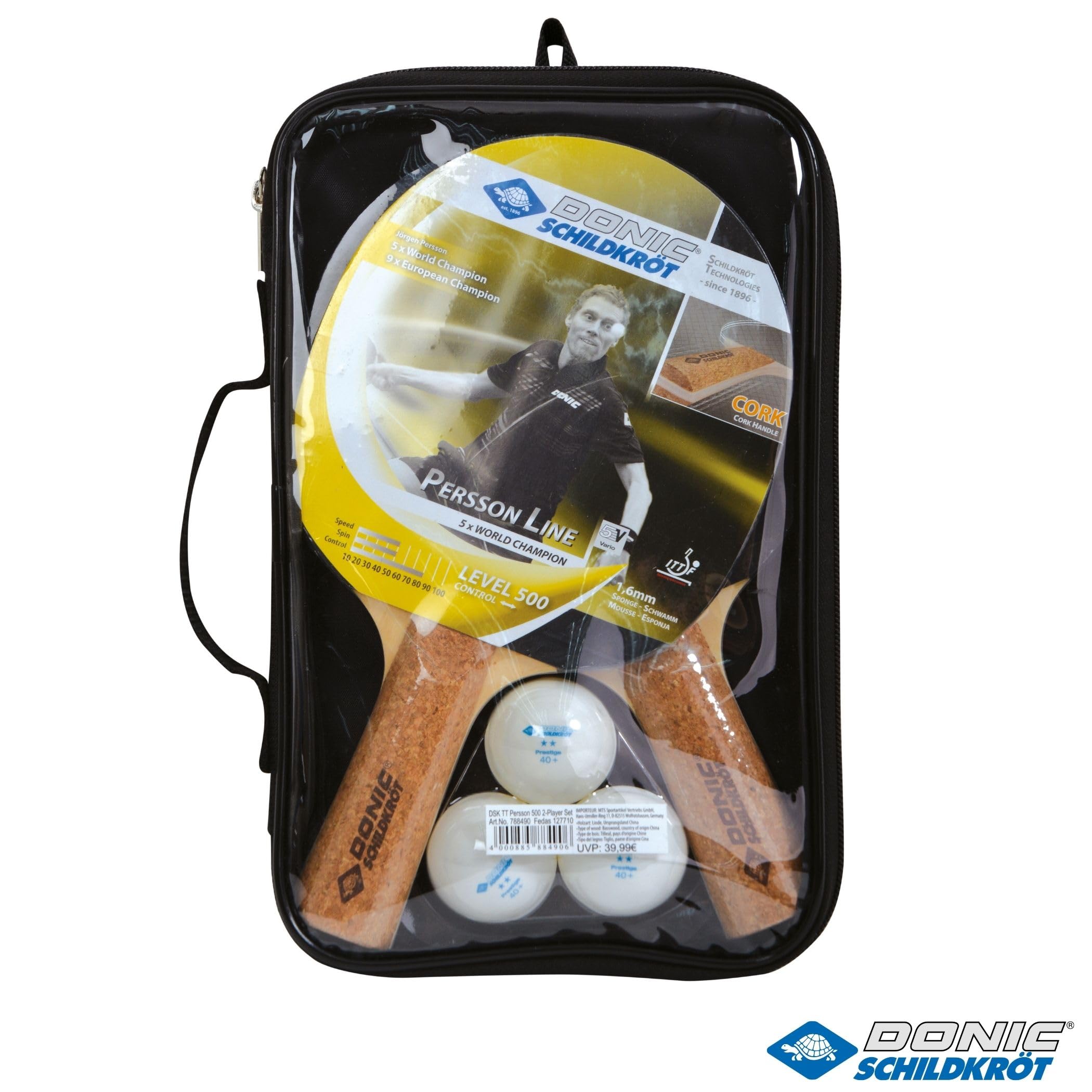 Schildkröt Tafeltennisbatje, kurk Donic Persson 500, handvat, 1,6 mm spons, Elite-ITTF bekleding, 728451, één maat