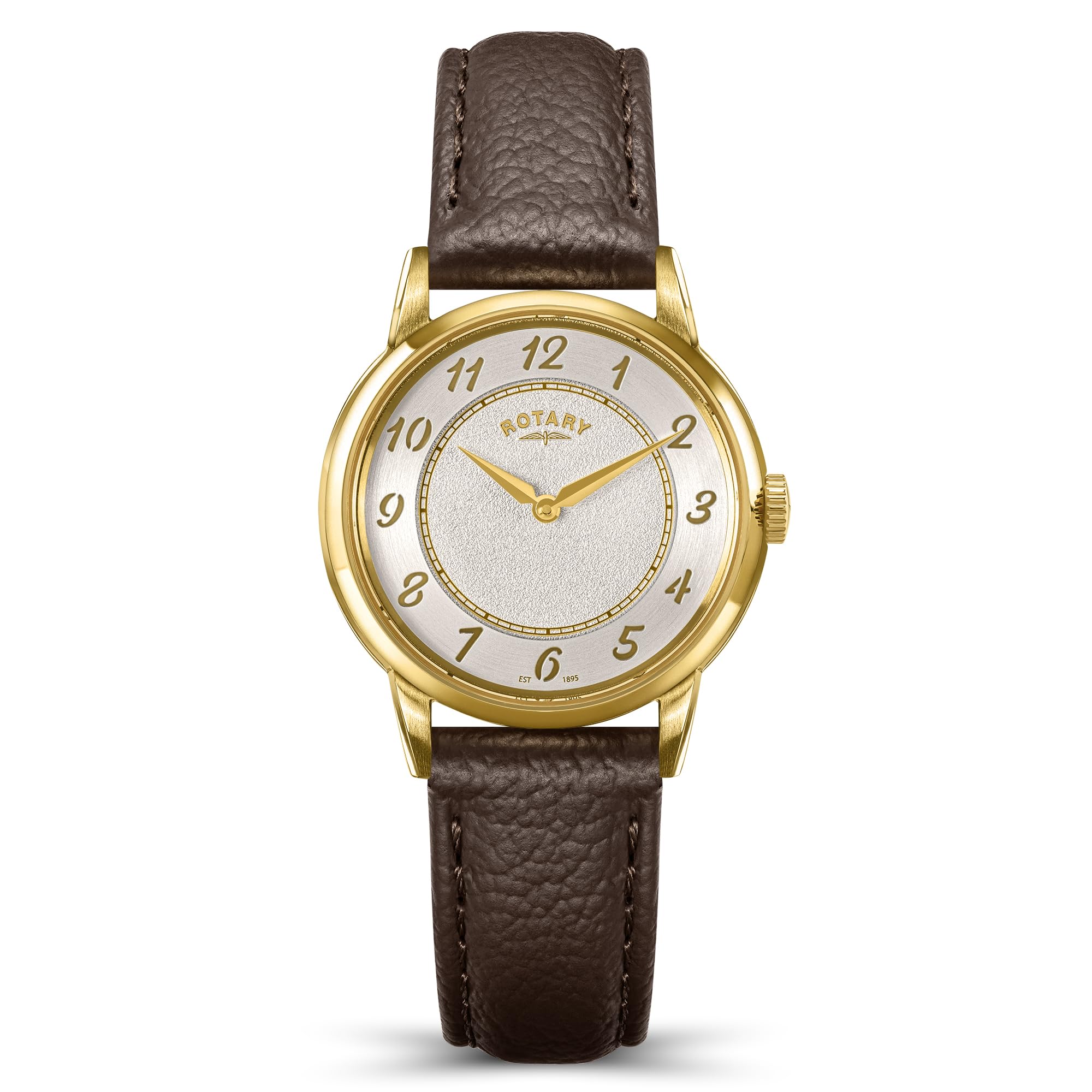 Rotary Correa de cuero marrón con esfera blanca de acero inoxidable chapado en oro para mujer