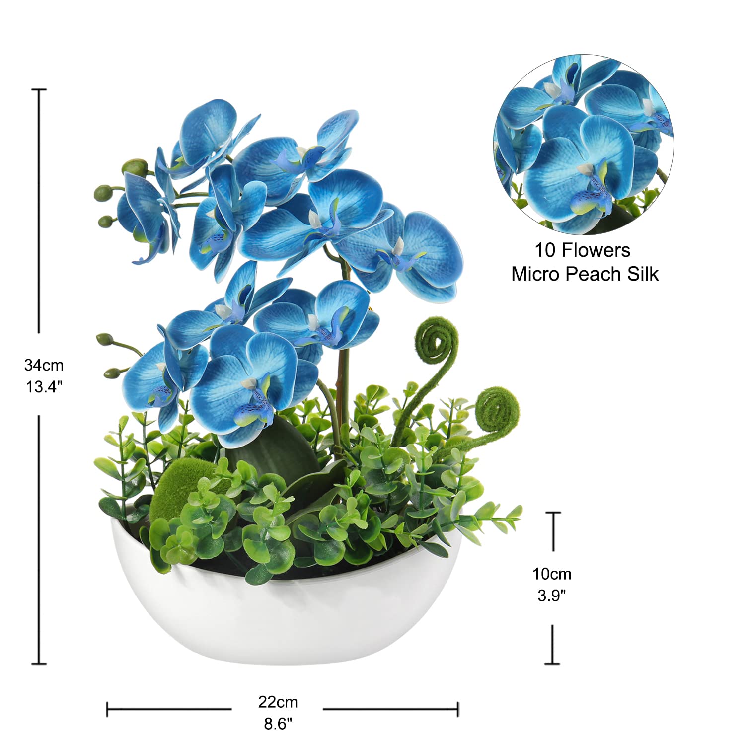 Flores artificiales en macetas, plantas de orquídea artificial, flores falsas azules, decoración de habitación, arreglo de flores de seda de Phalaenopsis para el hogar, decoración de boda, 34 cm