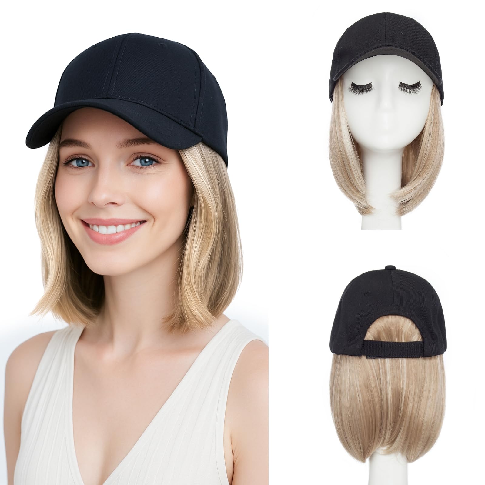 SEGO Hat Wig, Hat with Hair Attached for Women Black Baseball Cap with Hair Extensions, Short Bob Baseball Cap Wig Adjustable Hats for Daily Party 6 Inch #85P613 Light Blonde Mix Bleach Blonde 6 Inch 2-#85P613 Light Blonde Mix Bleach Blonde