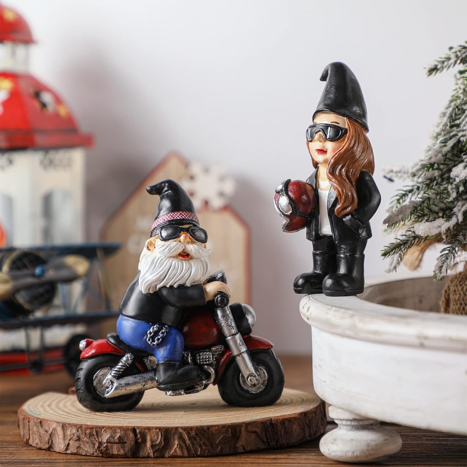 Chunful 2 Pcs Biker Gnomes Coffee Riding Motorcycle Christmas Swedish Tomte Gnomes Resin Figurines Tiered Tray Collectible Tabletop Decor for Home Farmhouse Office Decor (Biker Gnome)