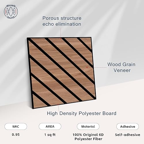 Miniatura 3 de WoveN SounD Paneles de pared acústicos artesanales, nogal, 12 x 12 pulgadas, paquete de 16 unidades, patrón de sarga  chapa de madera  adhesivo,