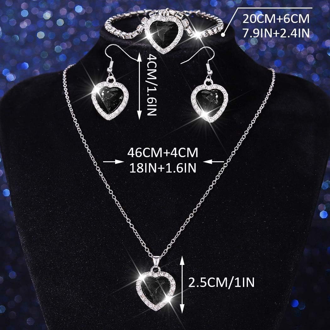 Unicra Heart Silver Jewelry Set Rhinestone Necklace Earrings Bracelet Sets Prom Formal Bridal Wedding Jewelry Sets for Women and Brides