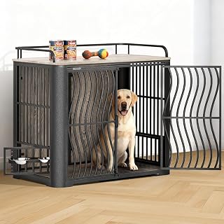 48-Inch Dog Crate Furniture for Large Dogs, Heavy Duty Wood Dog Kennel Furniture Indoor for Large and Medium Dogs, Pet Crate Furniture with Adjustable Rotating Hanging Bowl and Table - Grey