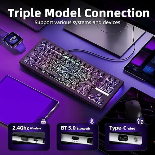 Miniatura 4 de ZORNHER ZH870 Teclado mecánico inalámbrico para juegos, 80% negro personalizado teclado de sonido cremoso con teclas topográficas negras iluminadas,