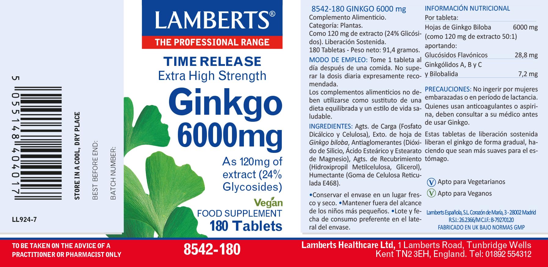 Ginkgo Biloba 6000 Alta Potencia 180 comprimidos 120 mg de Lamberts