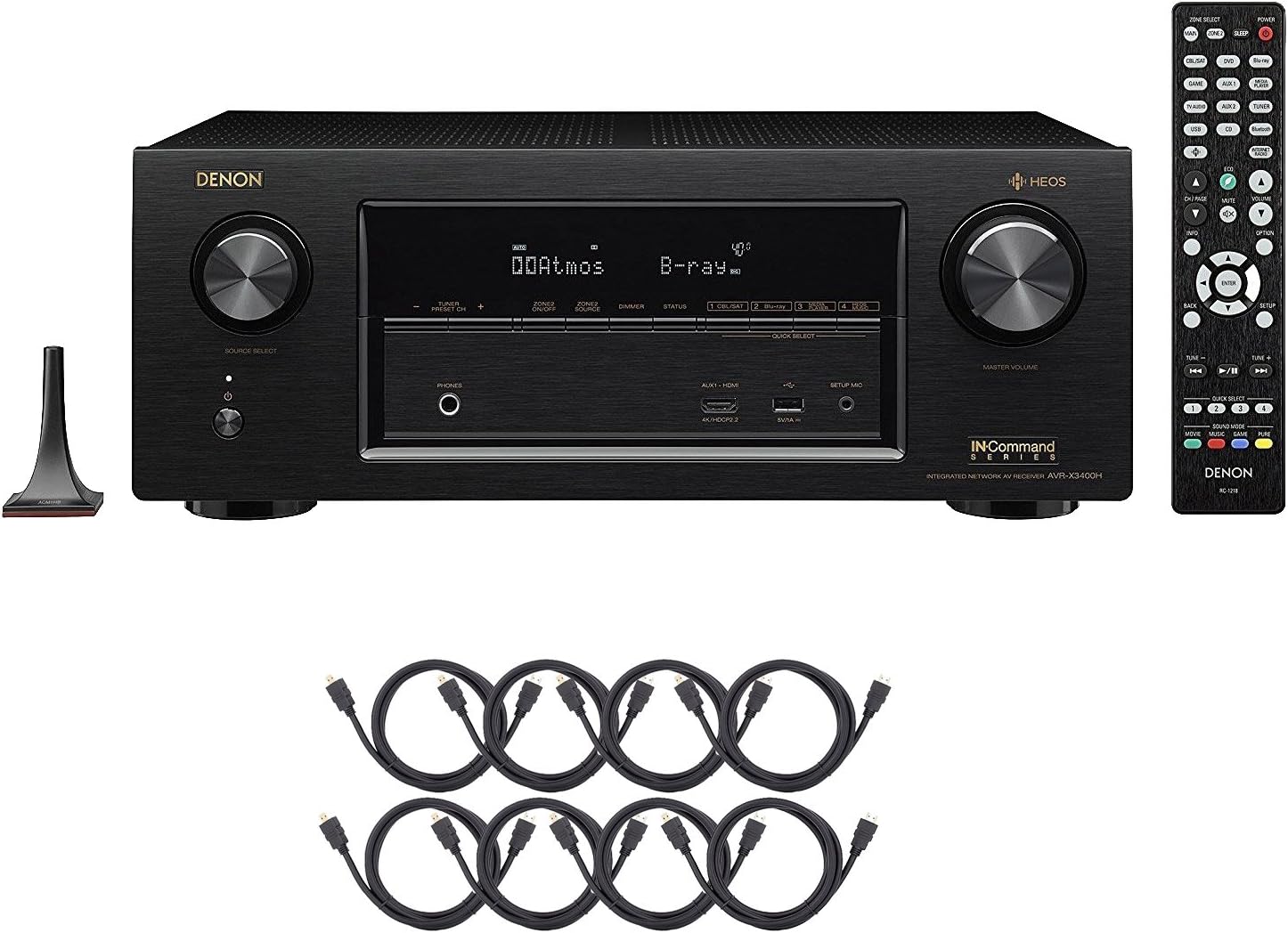 Denon AVRX3400H 7.2 Channel Full 4K Ultra HD Network AV Receiver and Amplifier with Amazon Alexa Voice Commands and HEOS for Home Theatre in Black and 8 HDMI Cables