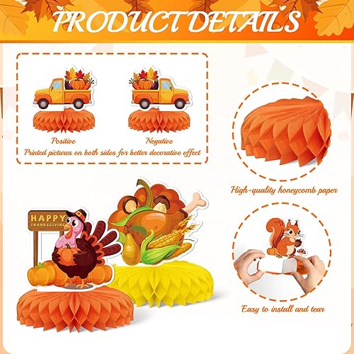 Miniatura 5 de 9 piezas de decoraciones de fiesta de otoño, KSKSPE Acción de Gracias, centro de mesa de panal de abeja 3D calabaza pavo centro de mesa para