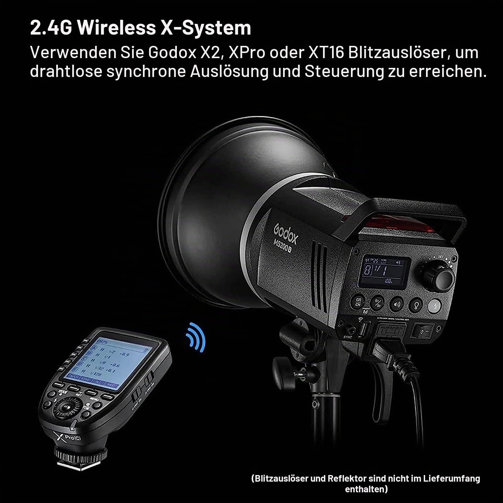 Godox MS200-V 200 W Blitzlicht verbessertes 2,4 G Wireless Studioblitzlicht GN53, 0,1–1,8 s, Recyclingzeit 5600 ± 200 K, mit 10 W LED-Einstelllampe, Bowens-Halterung für Mode,Werbung, Fotografie
