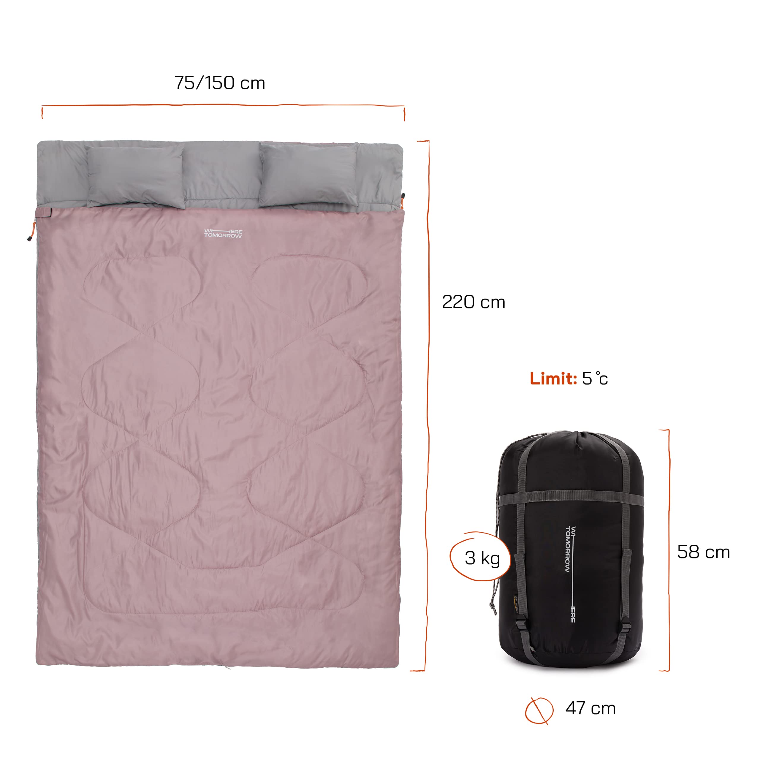 Where Tomorrow Doppelschlafsack 190 x 150 cm mit Tragetasche - 2-Personen Schlafsack, Deckenschlafsack, Hüttenschlafsack - wasserabweisend, atmungsaktiv, 300 g/m²