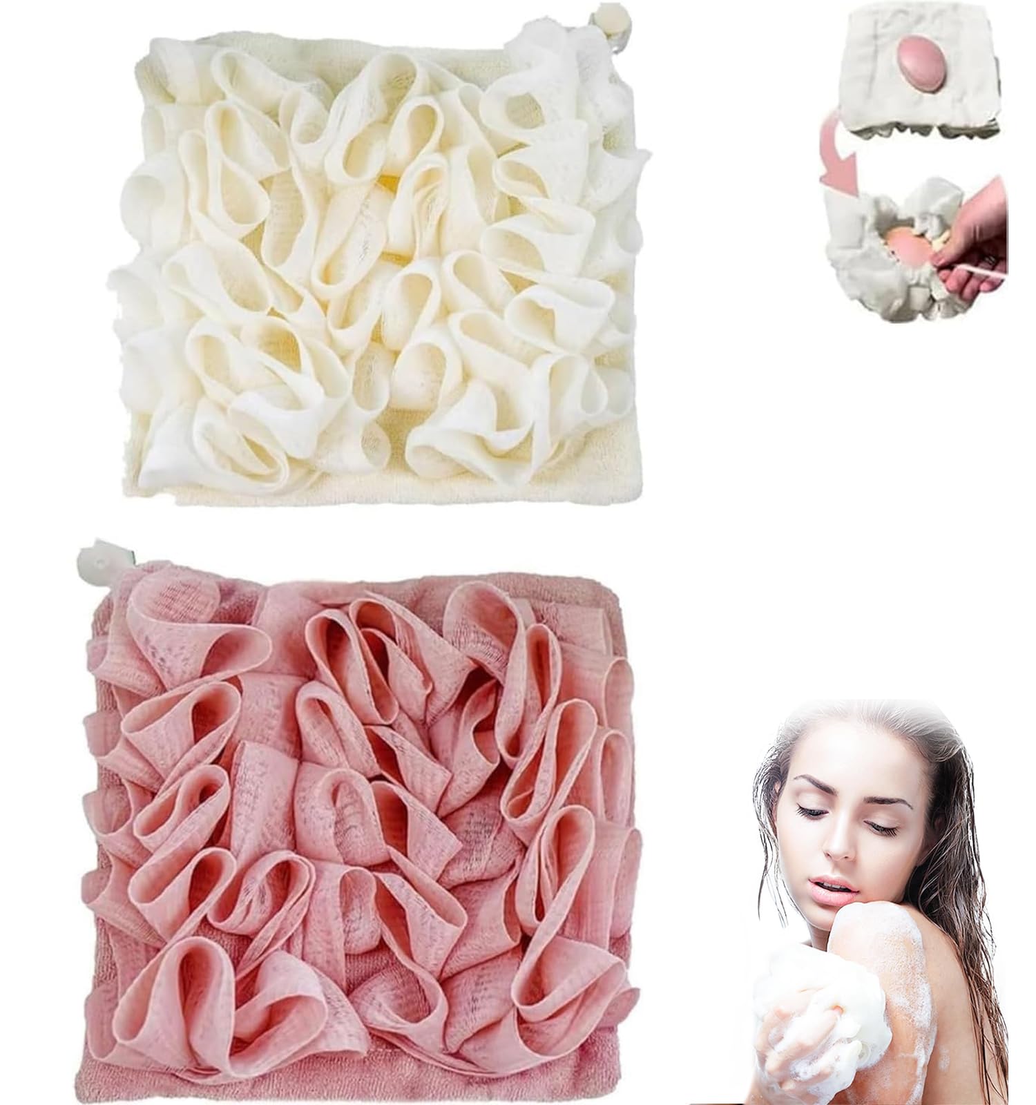 Loofah Cloth for Bar Soap, Soft Loofah and Washcloth, Lufa Loofah Washcloth, 2 in 1 Bath Loofah Sponge, Bath Ball Towel Loofah with Drawstring, Soap