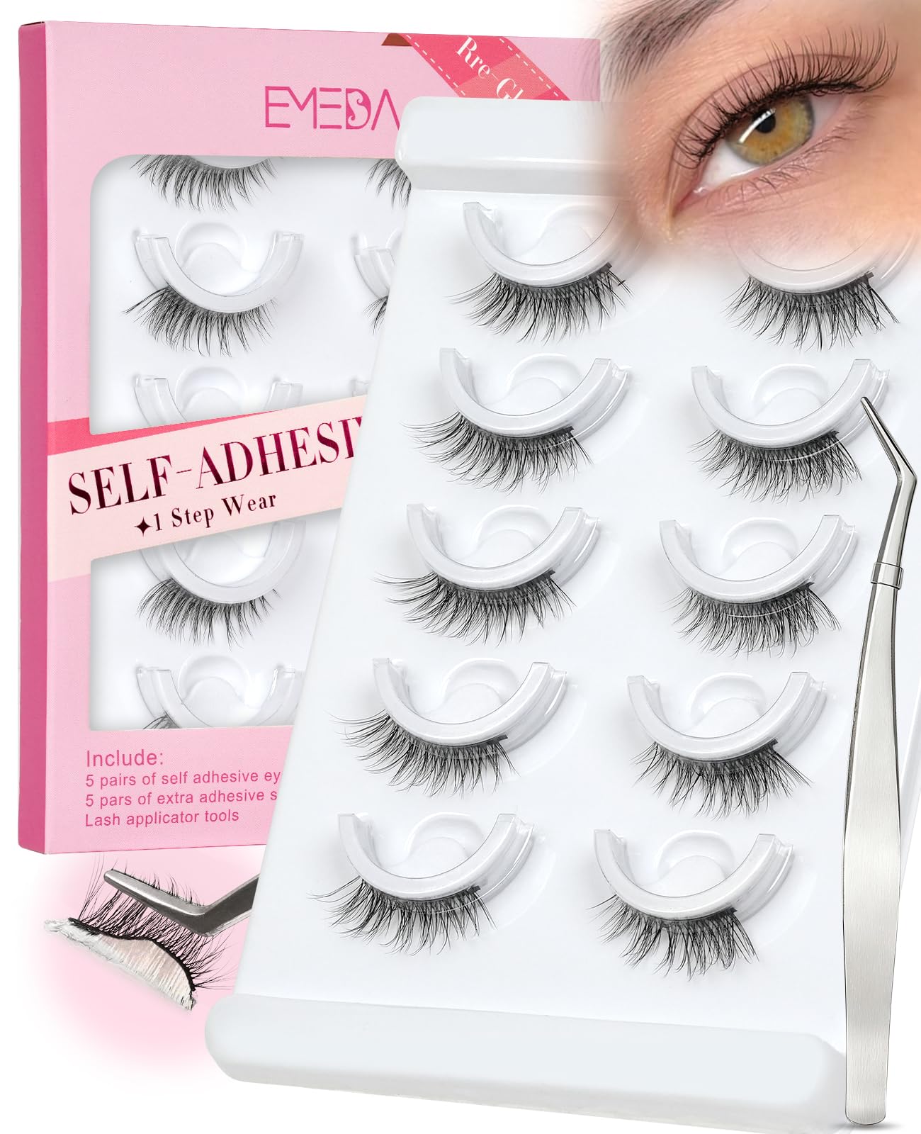 Half Self Adhesive Eyelashes Glueless - 3/4 Corner Natural Eye Pre-glued Waterproof Glueless No Glue Needed Reusable Stick on False Strip Lashes by EMEDA(Half Lashes 874 with Tweezers)