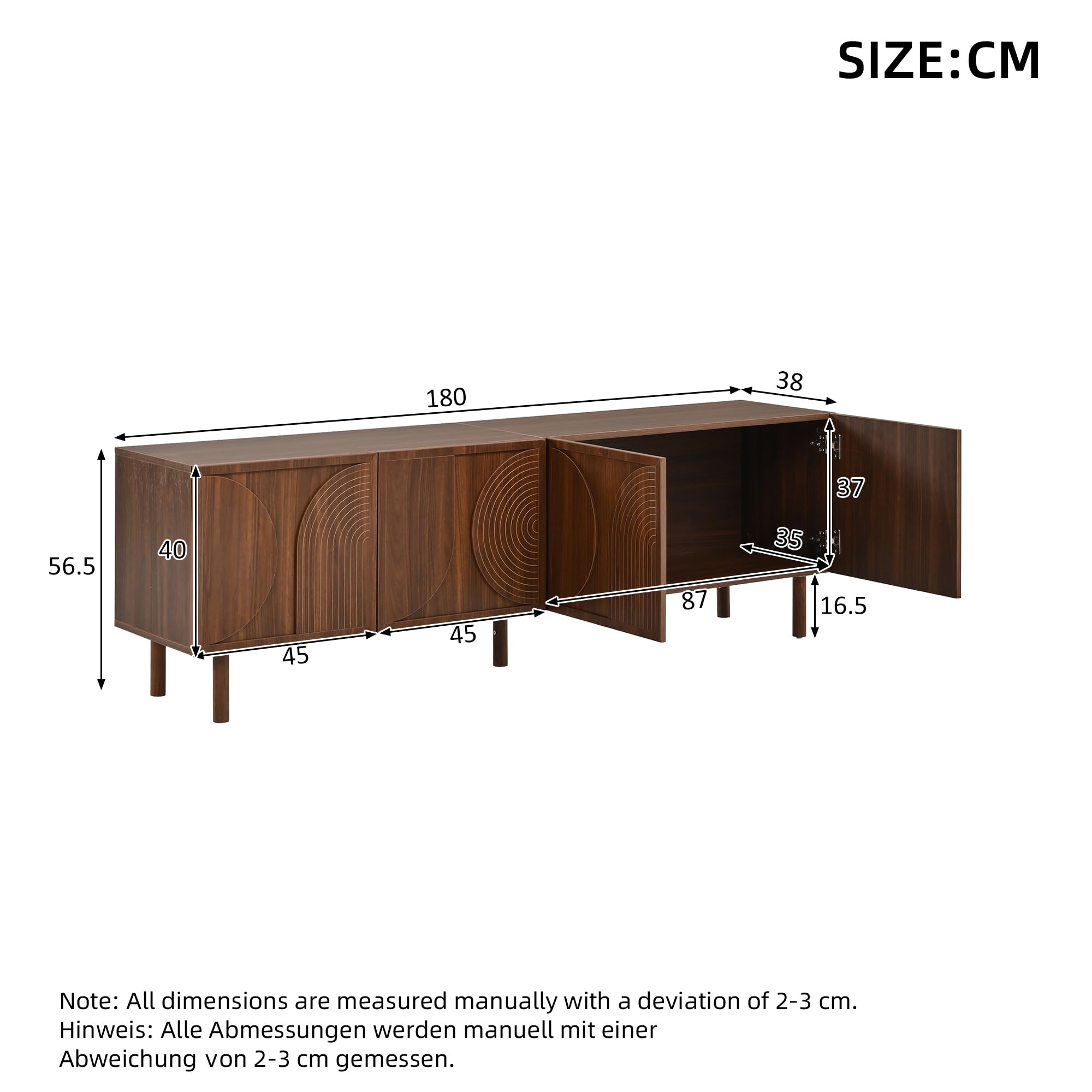 SUKY Mobile TV da 180 cm, mobile basso per TV da 75 pollici, 4 ante, 2 scomparti, moderno, con ampio spazio portaoggetti, design in rilievo 3D, colore legno di noce, 180 x 38 x 56,5 cm