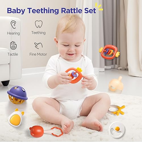 Miniatura 6 de Sonajeros para bebés, juguetes de dentición para bebés de 0 a 6 a 12 meses, para desarrollo sensorial, divertido y vibrante, juego de sonajeros