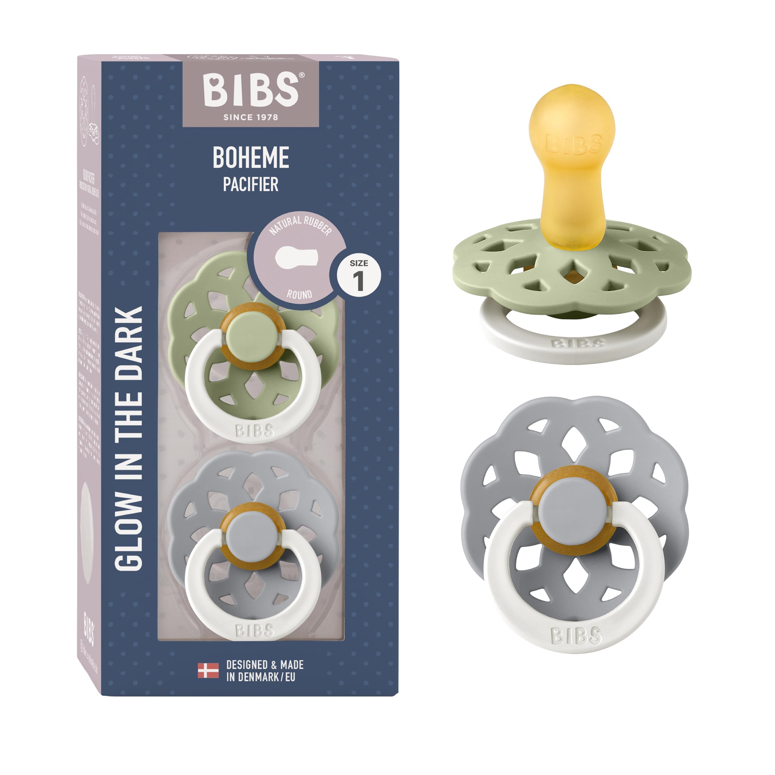 BIBS Boheme Glow in The Dark Soother 2-Pack. BPA Free. Round Latex, Size 1 (0-6 Months), Sage/Cloud Glow
