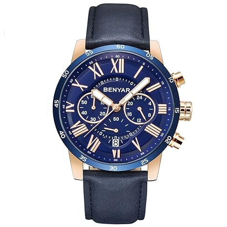 BENYAR Waterproof Chronograph Watches Business Casual Roman Numerals Leather Band Wrist Watch for Men - Blue