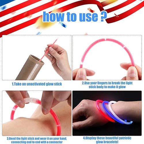 Miniatura 4 de Honoson 100 Pcs 8'' Red White and Blue Glow Sticks Glow in the Dark 4th of July Party Supplies Patriotic Independence Day Light up Glow Sticks for