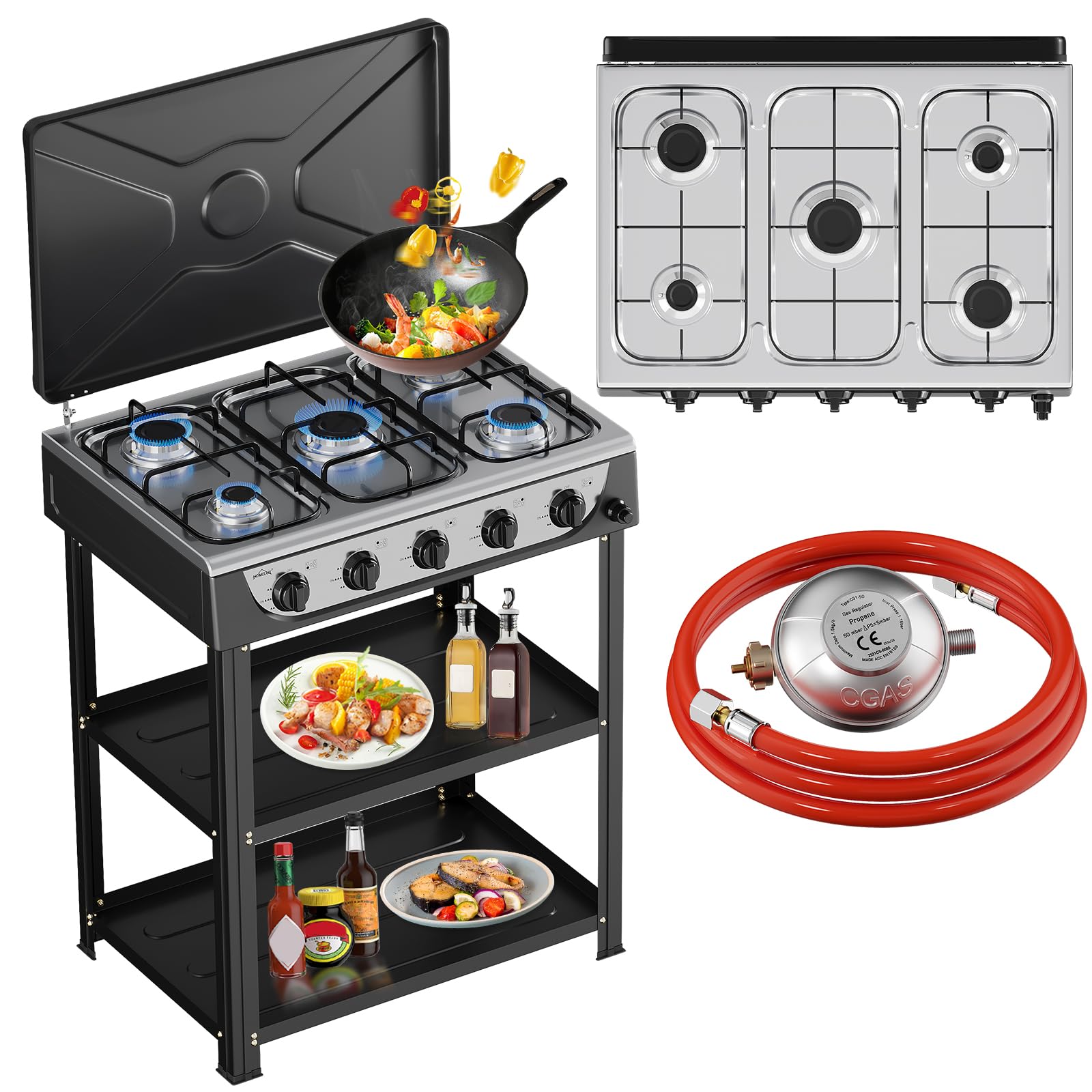 HOMELUX 7,2 KW Gaskocher Campingkocher 5 Flammig mit 1,5M Anschlussschlauch Druckminderer 50 mbar