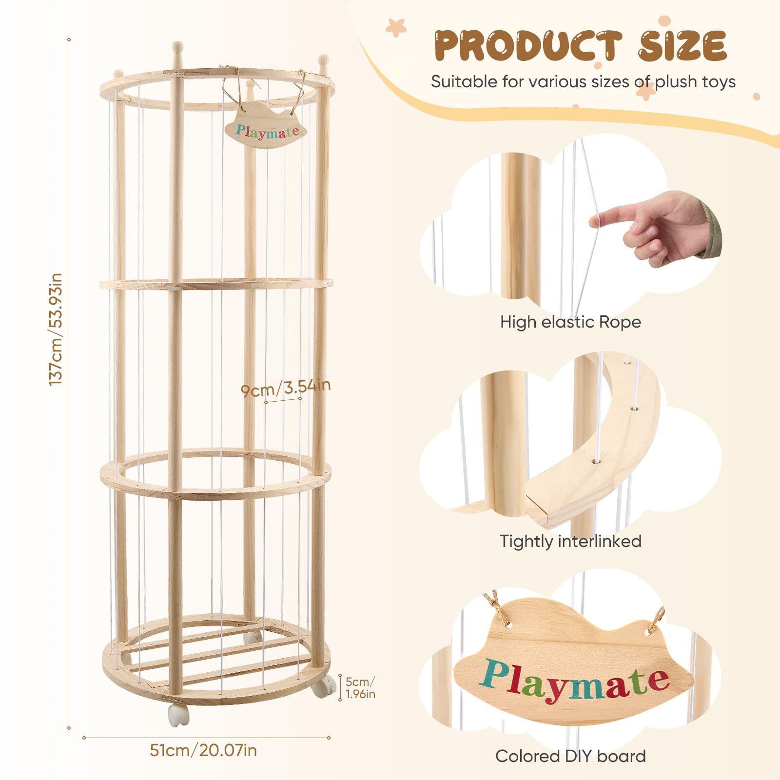 Almacenamiento de peluche, con ruedas equipadas de freno de 360°, ideal para habitación de bebé, salón, dormitorio, muebles de habitación infantil (137 x 51 x 51 cm)