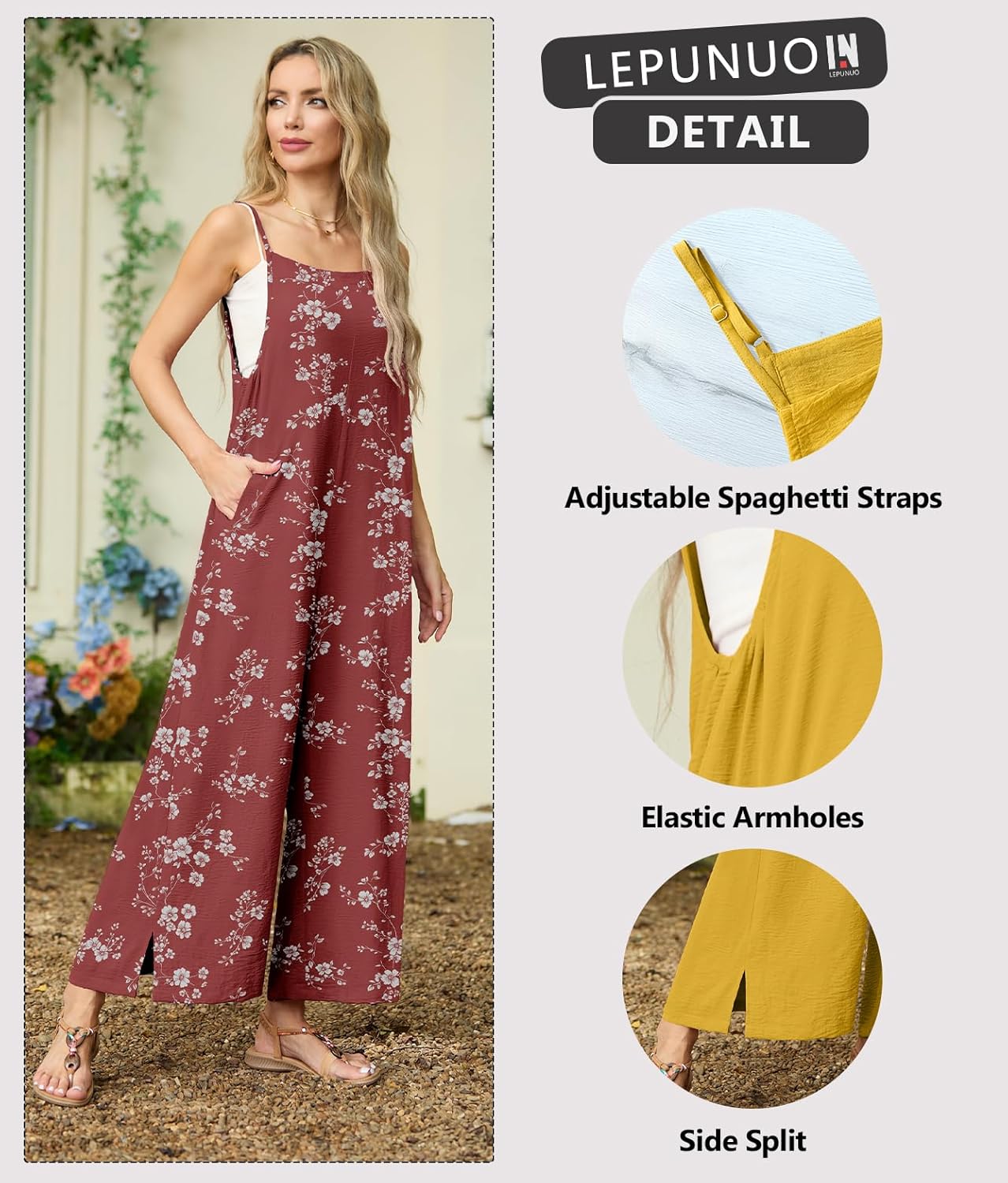 Lepunuo Womens Casual Loose Jumpsuits Summer Boho Wide Leg Rompers Sleeveless Overalls with Pockets - Image 2