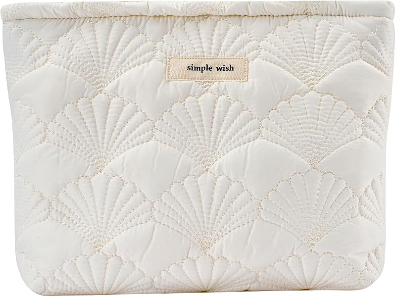 RSRSLEII Quilted Cotton Seashell Makeup Bag, Travel Toiletry Bag, White | Coastal Granddaughter Aesthetic Cosmetic Bag, Cute Portable Travel Toiletry Pouch，Wedding Gifts, Bridesmaid Gifts, Foldable
