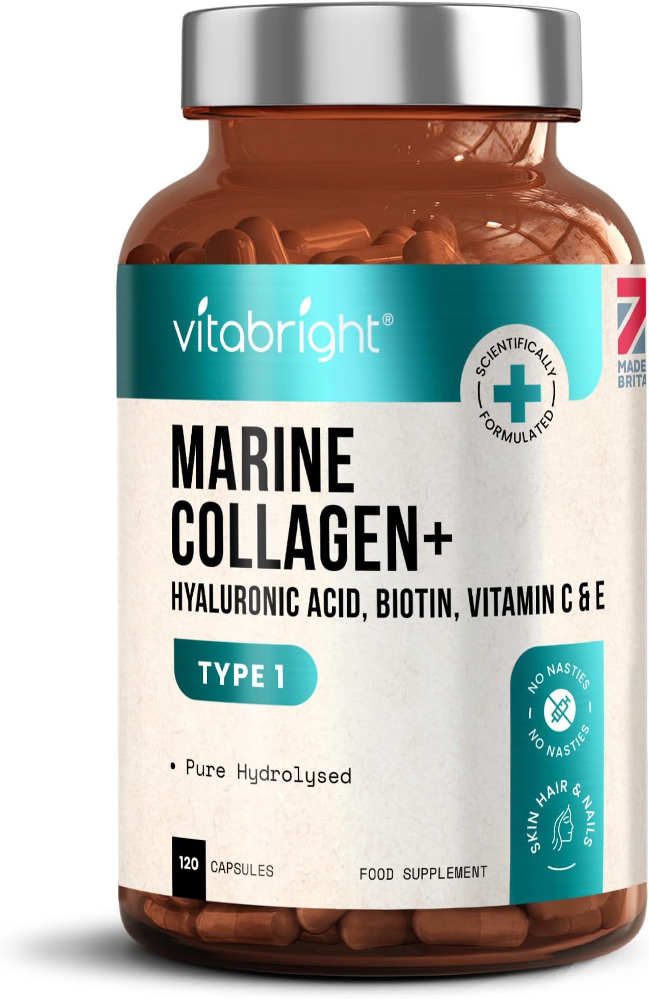 Marine Collagen Supplements for Women 2331mg Complex | 120 Hydrolyzed Marine Collagen Capsules with Hyaluronic Acid | Skin Supplements for Women | Vitabright