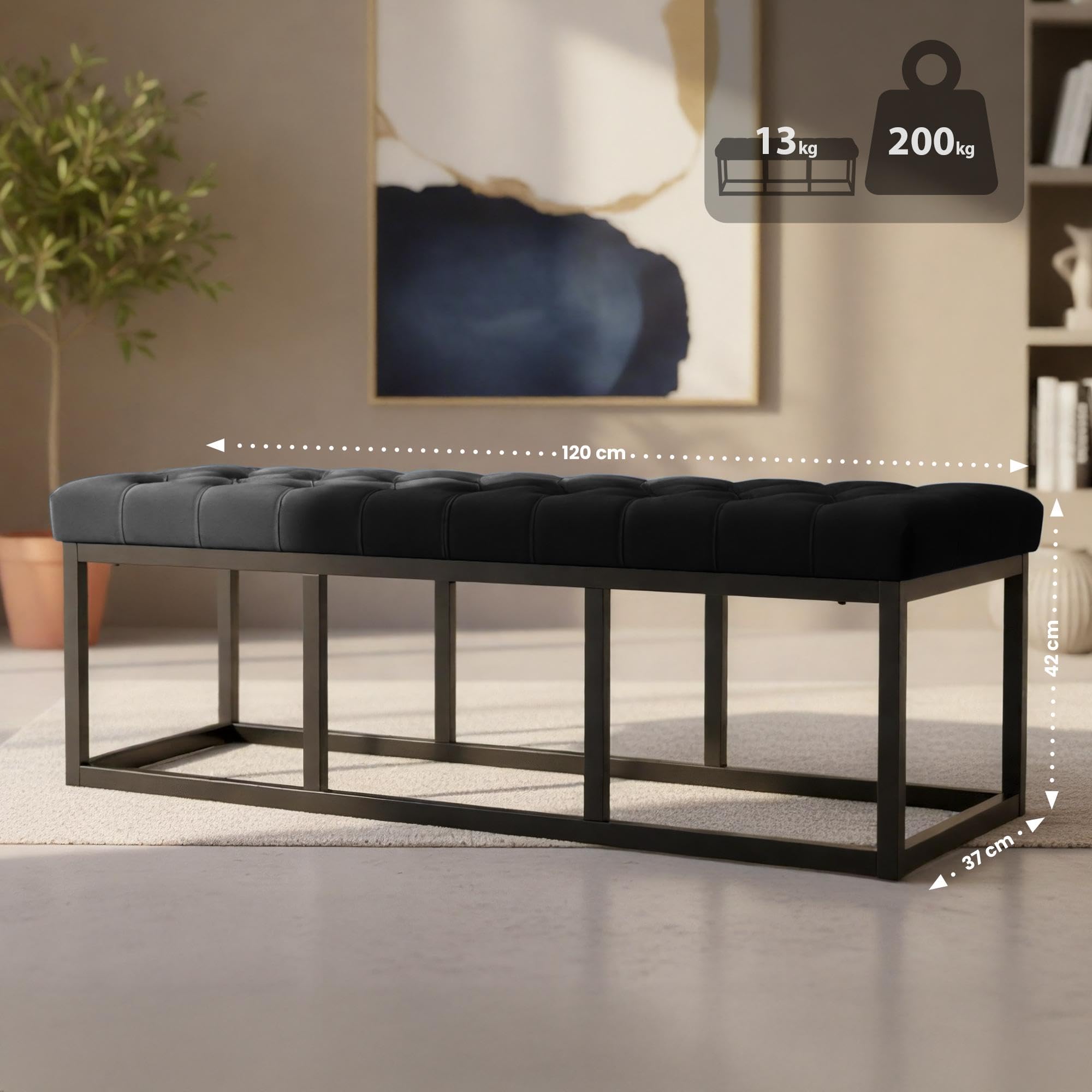 CLP Banc Polson, Moderne, Cadre en métal Noir, Velours capitonné, Protection de Sol, pour Salon, entrée ou Chambre à Coucher, Couleur:Noir, Taille:120 cm