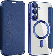 BOUNCEBACK Electroplated Mag Charge Support Vegan Leather Flip Flap Wallet Back Case Cover for Samsung Galaxy S25FE - Blue