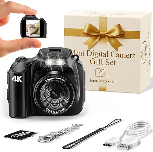 FLATIC Mini cámara con llavero  Cámara digital pequeña 4K con tarjeta de 32 GB y elegante caja de regalo, divertido dispositivo de bolsillo para