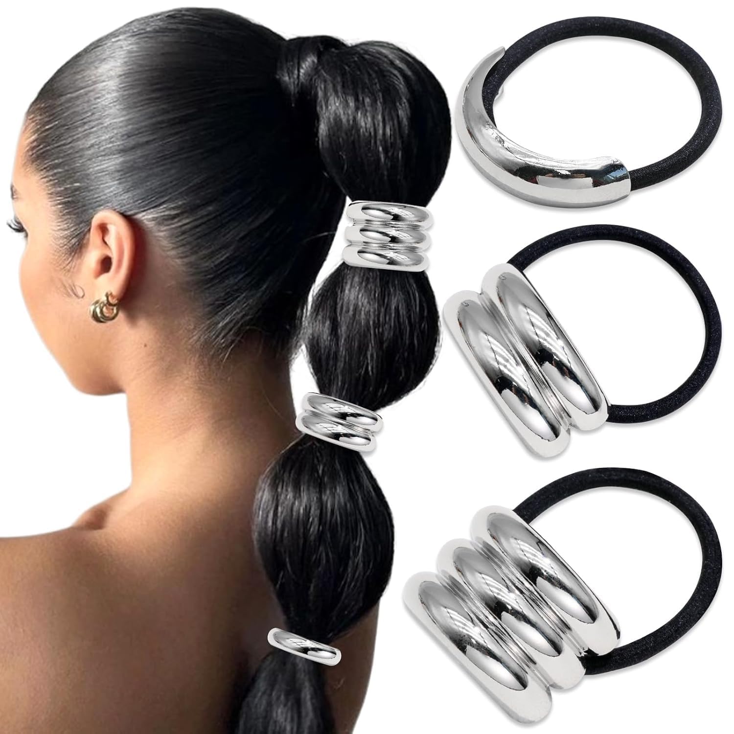 3PCS Metal Gold Hair Accessories for Women, Elegant Geometric Design Hair Ties for Ponytail Holders, (Silver)-image-25