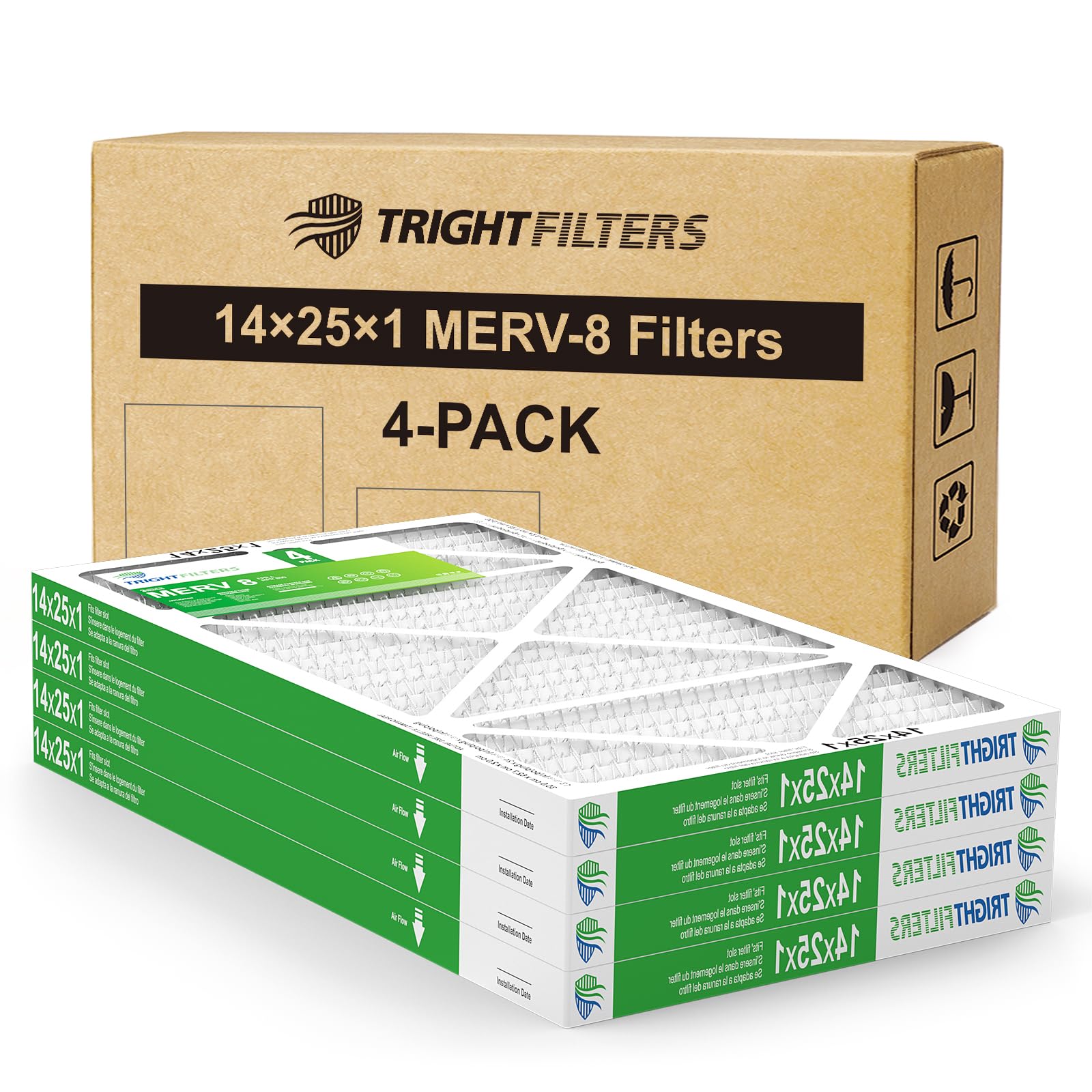 14x25x1 Air Filter 4 Pack, Durable MERV 8 Pleated Home HVAC AC Furnace Filters, Lightweight Compact Air Conditioner Filter Replacement