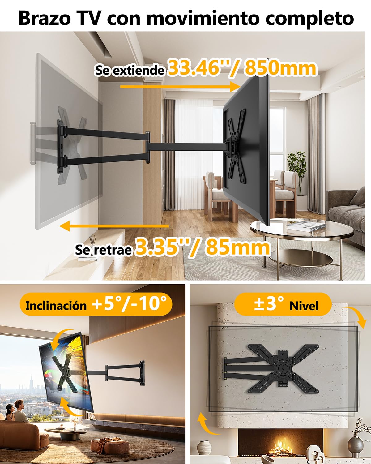 Soporte TV Pared con 850mm Brazo Articulado para Pantallas Planas y Curvas de 32-75 Pulgadas WHYFONE Soporte Pared TV Inclinable y Giratorio con 180° Rotación de Movimiento Completo Max VESA 600x400mm