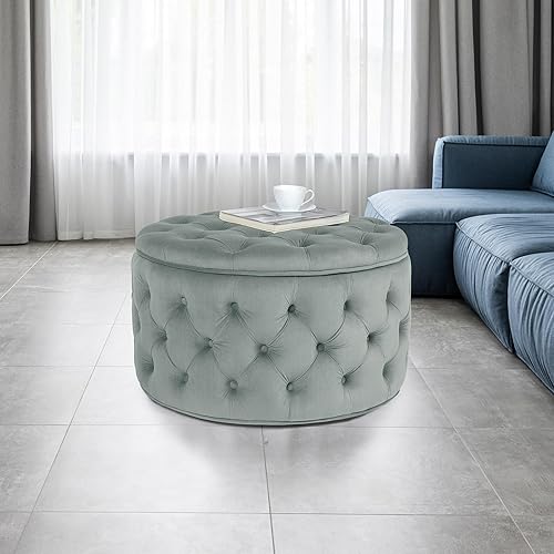 Miniatura 29 de Joveco Otomana redonda de almacenamiento, otomana tapizada con botones y parte superior extraíble, banco de almacenamiento, mesa auxiliar, Negro,