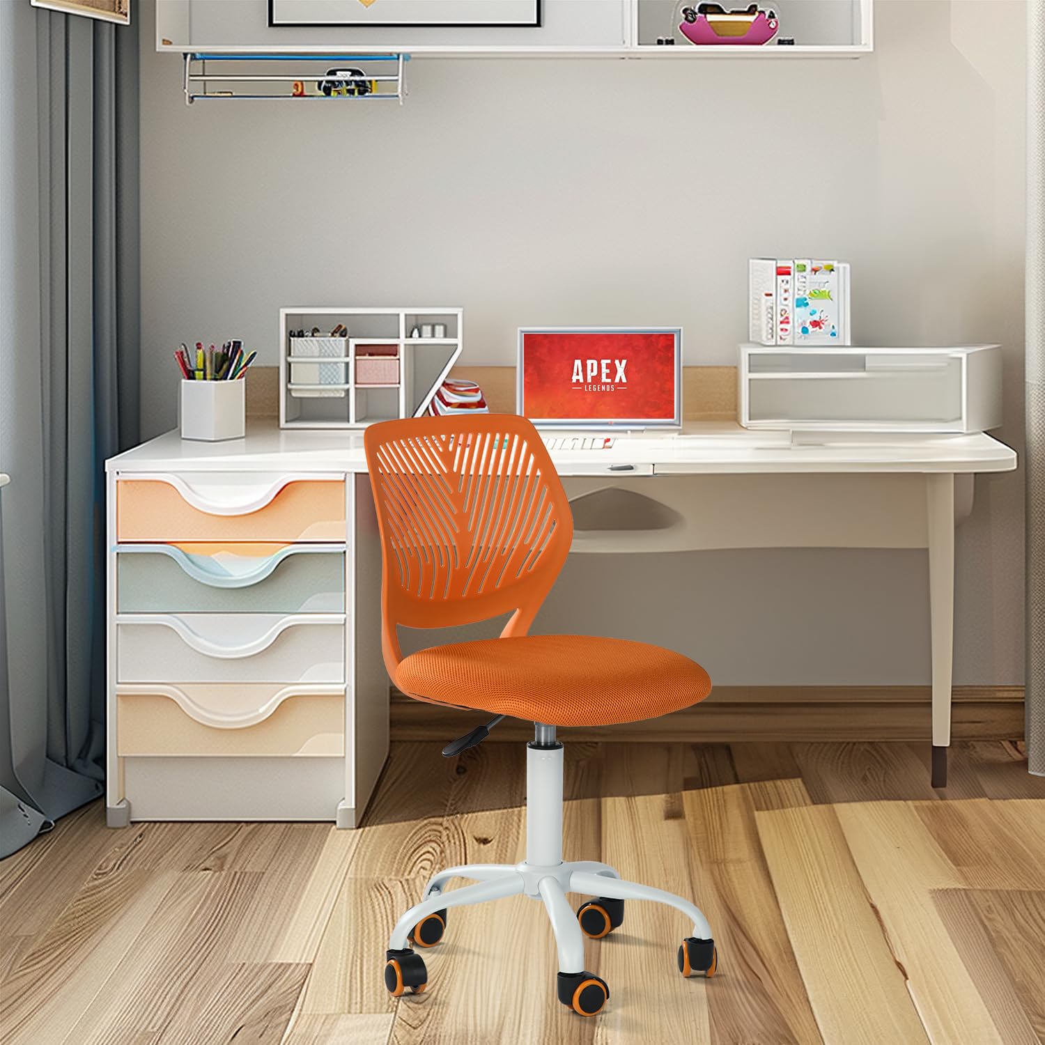 FurnitureR Sedia ergonomica compatta per scuola, schienale in rete traspirante, altezza regolabile, arancione