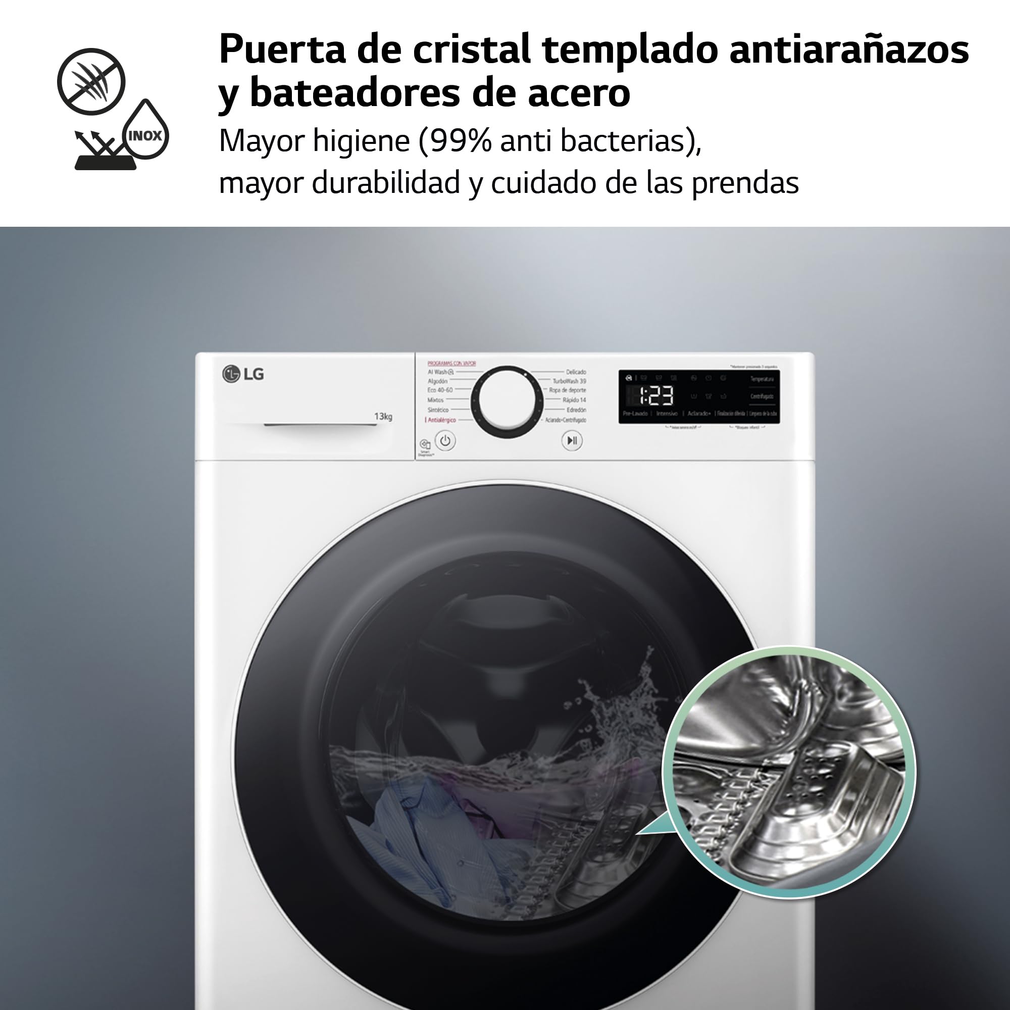 LG F4WR6013A0W - Lavadora Inteligente, 13kg, AI Direct Drive, 1400rpm, Carga Frontal, Clasificación A, TurboWash 360º, Vapor Steam, Serie 600, Blanco