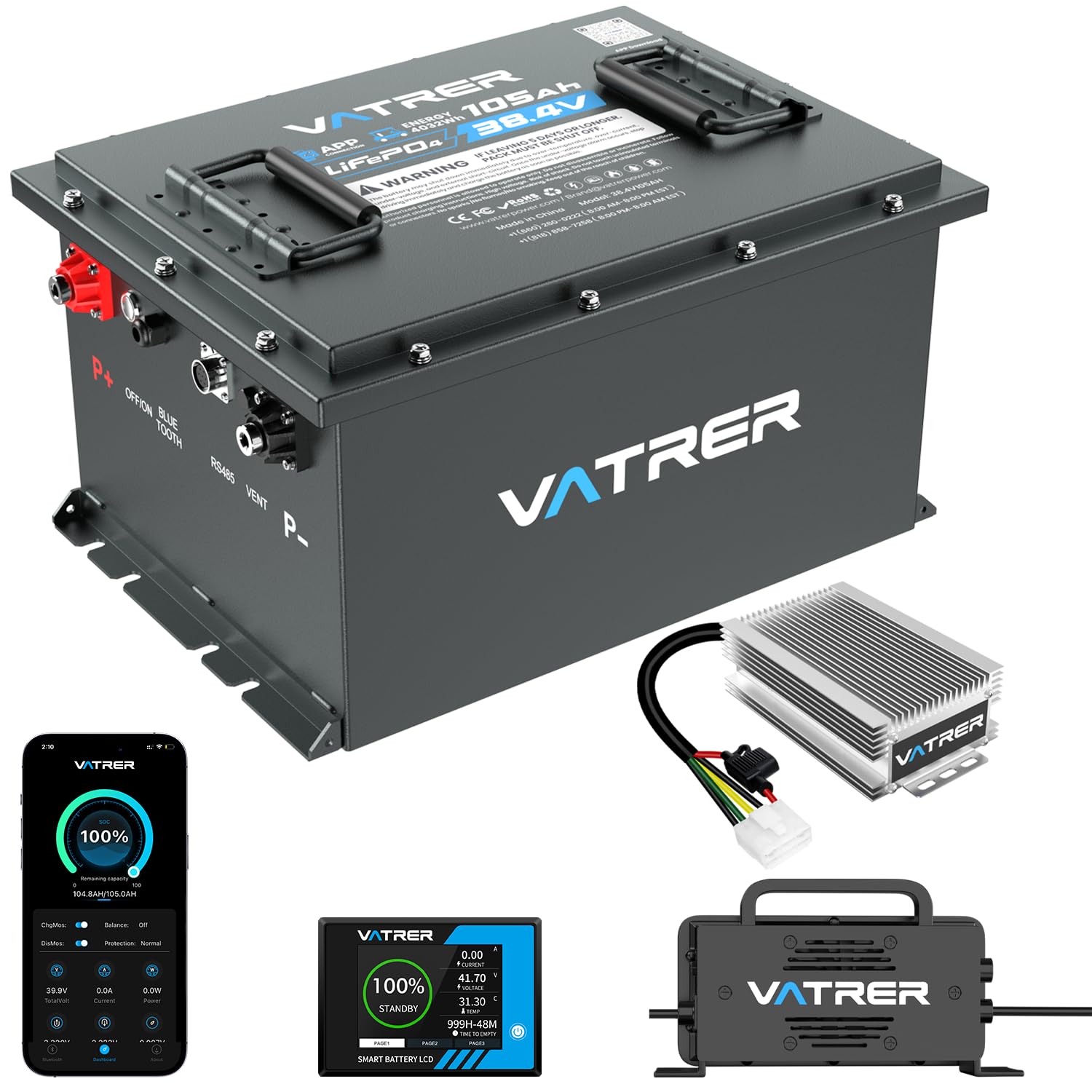 VATRER POWER 36V 105Ah Lithium Golf Cart Battery, Complete Upgrade Kit with Charger, LCD Display, Voltage Reducer, Built-in 200A BMS, Max 7.68kW Power Output, Perfect for Golf Carts