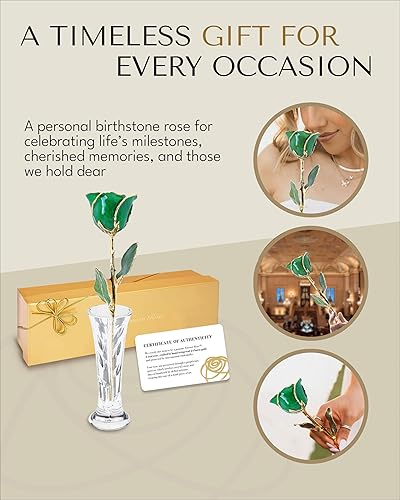 Miniatura 6 de Forever Rose Sumergido a mano en oro de 24 quilates, piedra natal de mayo inspirada en esmeralda, con destellos, rosa real en caja de regalo de oro