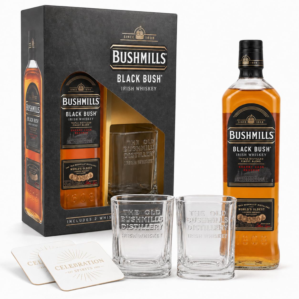 Bushmills Black Irish Whiskey Gift Set | 700ml Bottle with Branded