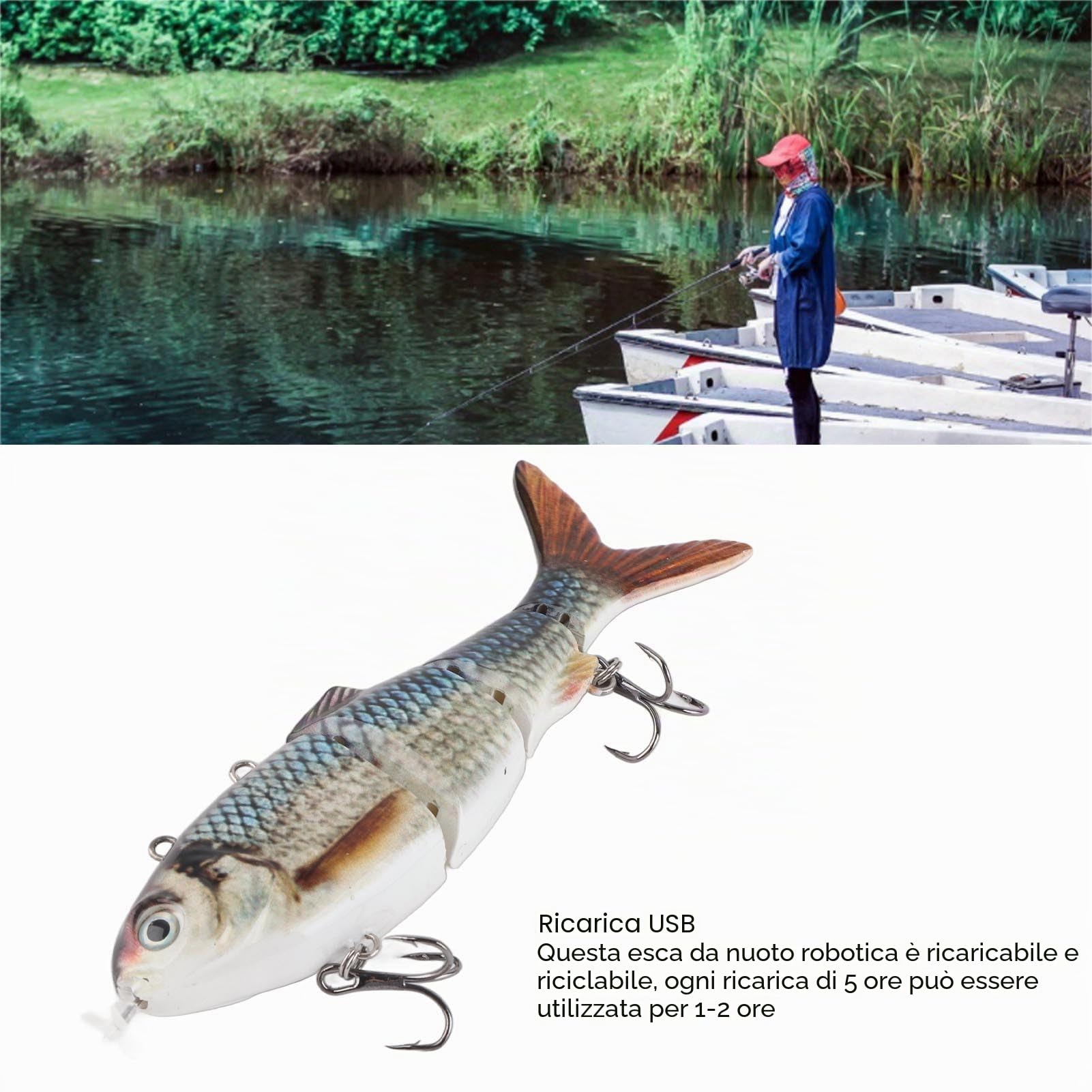 Akozon Esca da Pesca Robotica - Esca Elettrica Multi-snodata con Luce LED Verde, Ricaricabile e Riciclabile per Attirare i Predatori Subacquei