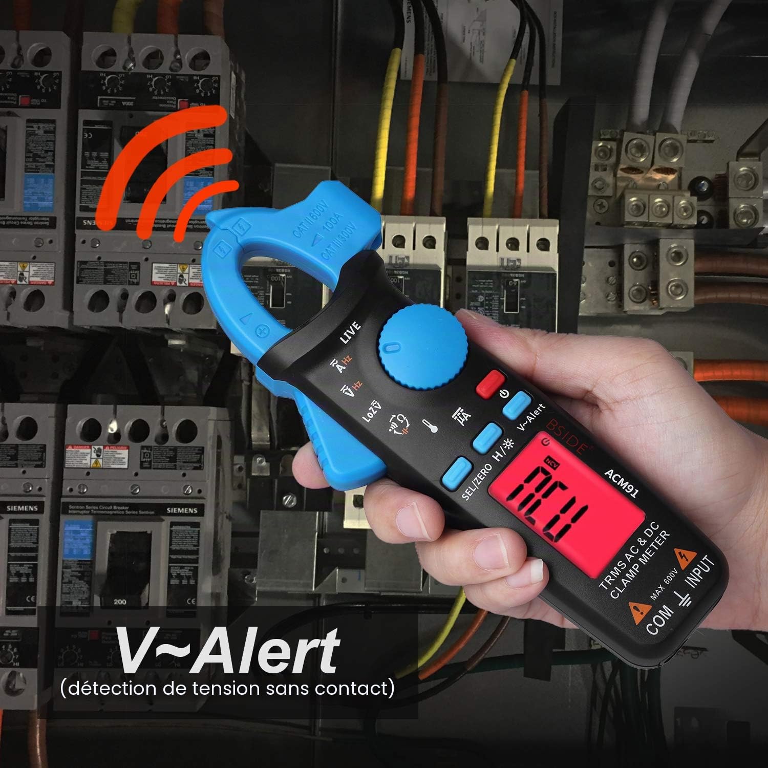 Pince Bside ACM91 mesure courant AC/DC RMS 6000 points mesures Voltmètre thermomètre Capacité Fréquence vérification branchements électriques avec clip arrière