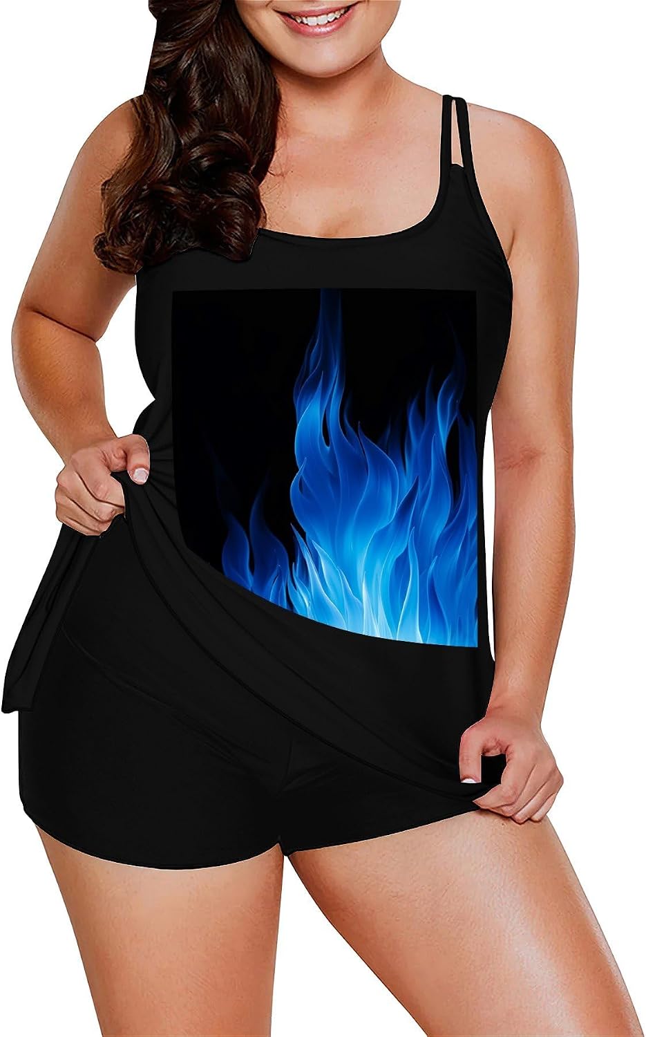Blue Flame Tankini Swimsuits for Women Tummy Control Two Piece Bathing Suits Swim Tops with Boy Shorts