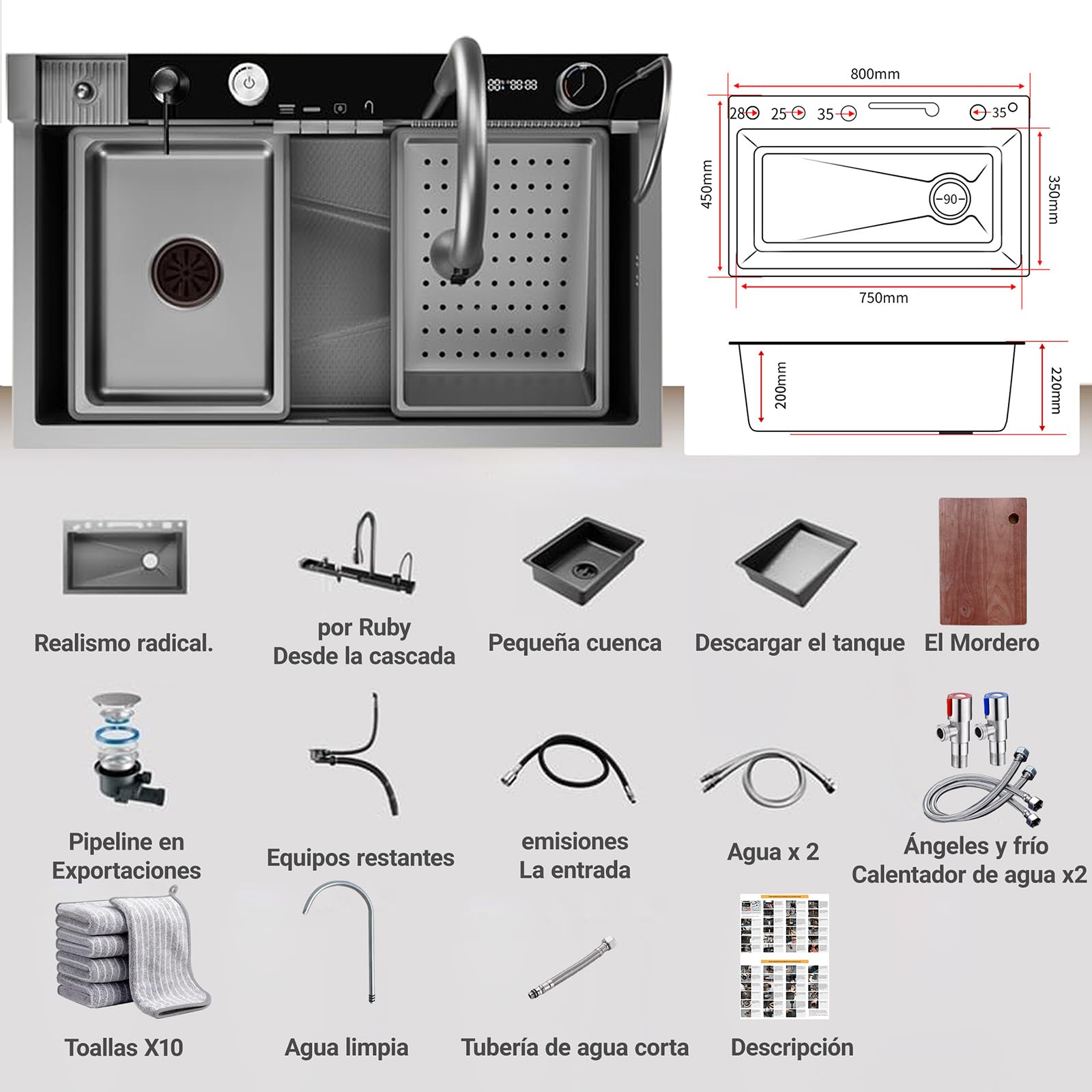 Negro Fregadero Multifuncional Estilo cascada Encimera Cocina Acero inoxidable Nano Revestimiento 80x45x22cm