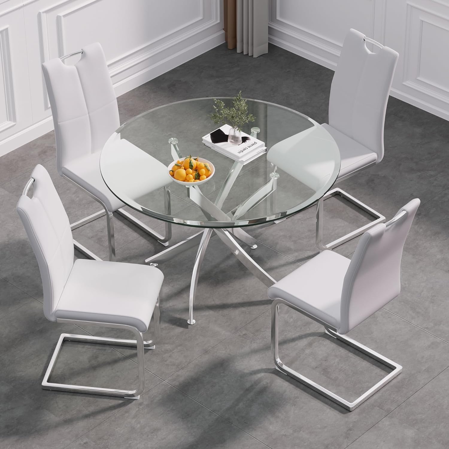 KUVADAZ Modern Round Dining Table Set for 4, 36" Dining Room Table with 4 White Leather Chairs, Luxury Tempered Glass Top, Stainless Steel Base