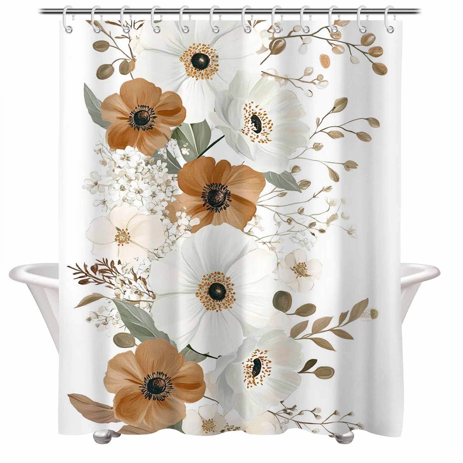 Cortina de Ducha Blanco Cortina Ducha, Antimoho, Tela Impermeable Poliéster, Shower Curtain 220x200 cm con 12 Ganchos y Dobladillo Ponderado, Shower Curtain Lavable para Baño o Bañera, Flor 3Y#169
